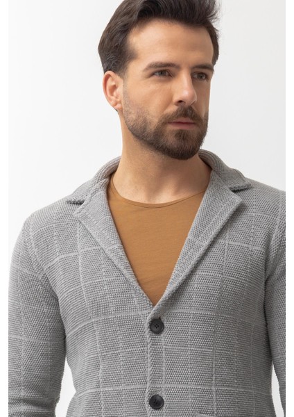 Kareli Gri Renk Torba Cep Slim Fit Erkek Triko Ceket modelleri