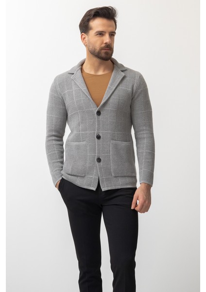 Kareli Gri Renk Torba Cep Slim Fit Erkek Triko Ceket fırsatları