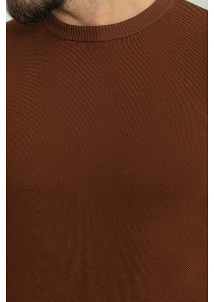 Düz Fındık Rengi Slim Fit Bisiklet Yaka Erkek Triko T-Shirt