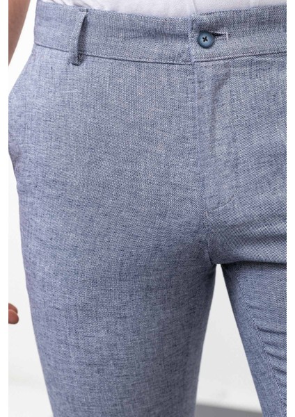 Kırçıllı Lacivert Renk Slim Fit Keten Erkek Pantolon