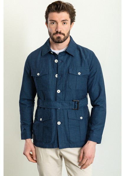 Düz Lacivert Renk Slim Fit Torba Cep Gömlek Yaka Kemerli Keten Erkek Trenchcoat