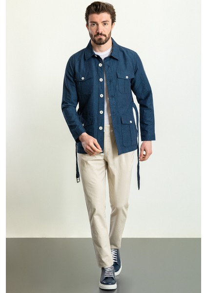 Düz Lacivert Renk Slim Fit Torba Cep Gömlek Yaka Kemerli Keten Erkek Trenchcoat modelleri
