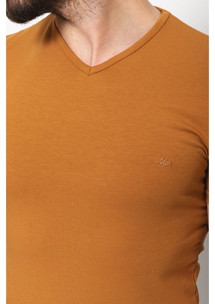 Düz Kamel Rengi Super Slim Fit V Yaka Basic Erkek T-Shirt fiyatları