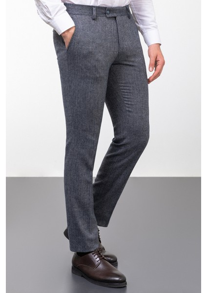 Desenli Lacivert Renk Super Slim Fit Yün Erkek Pantolon