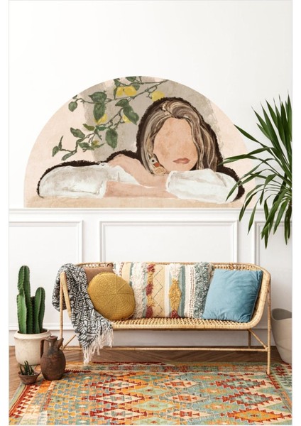 Renkli Kadın Temalı Yarım Daire Duvar Sticker, Şık ve Dekoratif Parça, Çok Renkli