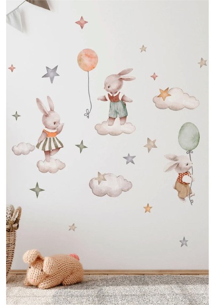 Renkli Tavşanlar Çocuk Odası Duvar Stickerı, sevimli ve eğlenceli dekorasyon için ideal