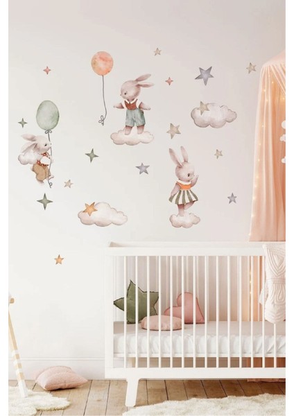 Renkli Tavşanlar Çocuk Odası Duvar Stickerı, sevimli ve eğlenceli dekorasyon için ideal fiyatları