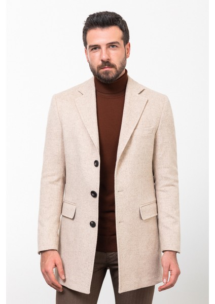 Düz Bej Slim Fit Mono Yaka Klasik Kaşe Erkek Kaban modelleri