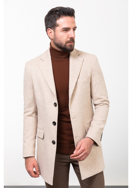 Düz Bej Slim Fit Mono Yaka Klasik Kaşe Erkek Kaban fırsatları