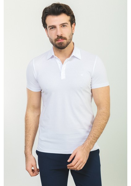 Düz Beyaz Renk Slim Fit Polo Yaka Basic Erkek T-Shirt