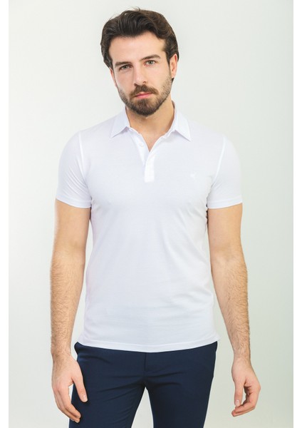 Düz Beyaz Renk Slim Fit Polo Yaka Basic Erkek T-Shirt