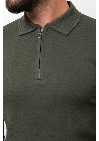 Düz Haki Slim Fit Fermuarlı Polo Yaka Erkek Triko Kazak fiyatları