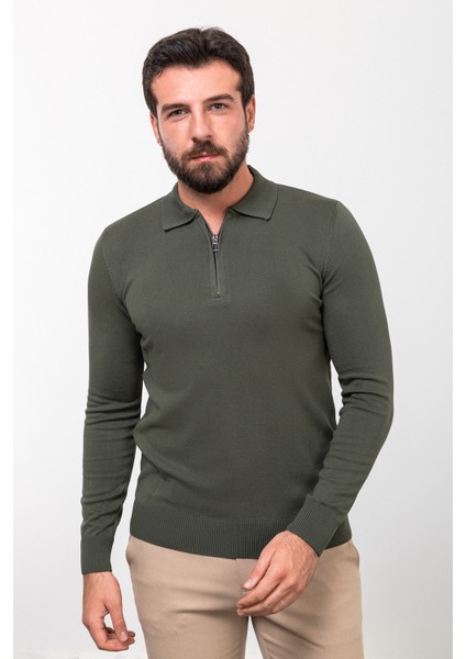 Düz Haki Slim Fit Fermuarlı Polo Yaka Erkek Triko Kazak modelleri