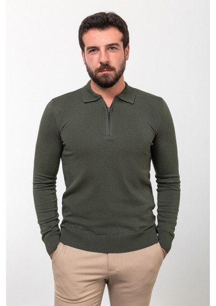 Düz Haki Slim Fit Fermuarlı Polo Yaka Erkek Triko Kazak fırsatları