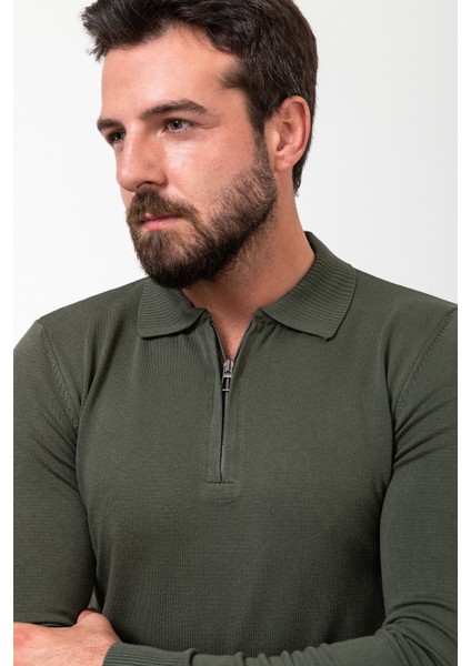 Düz Haki Slim Fit Fermuarlı Polo Yaka Erkek Triko Kazak indirimleri