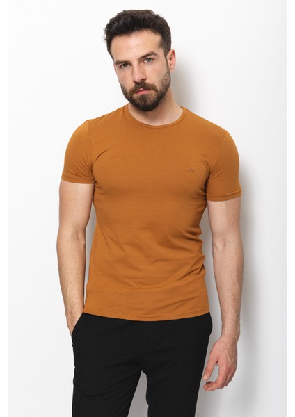 Düz Kamel Rengi Super Slim Fit Bisiklet Yaka Basic Erkek T-Shirt