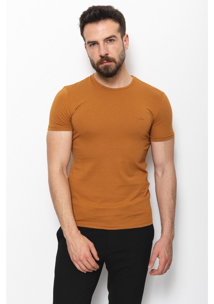 Düz Kamel Rengi Super Slim Fit Bisiklet Yaka Basic Erkek T-Shirt modelleri