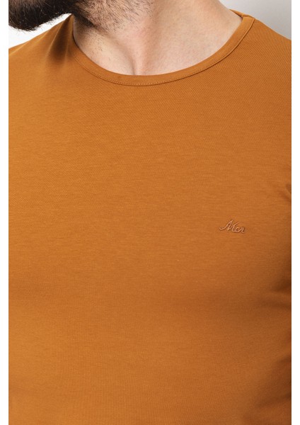 Düz Kamel Rengi Super Slim Fit Bisiklet Yaka Basic Erkek T-Shirt fırsatları