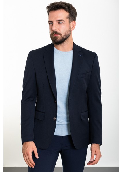 Düz Lacivert Slim Fit Mono Yaka Erkek Ceket