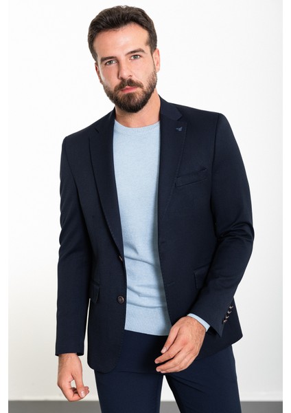 Düz Lacivert Slim Fit Mono Yaka Erkek Ceket