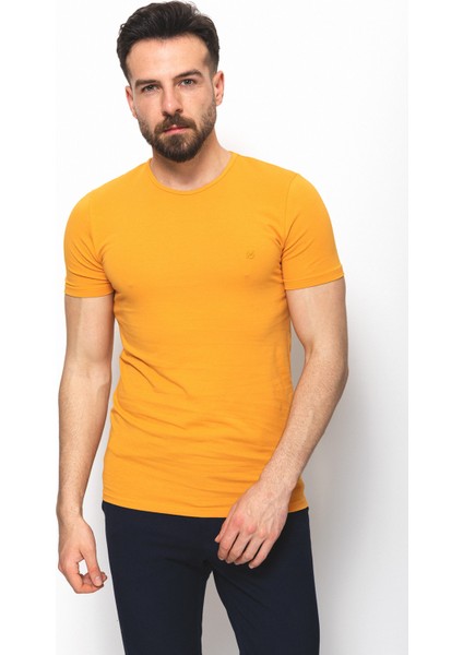 Düz Hardal Rengi Super Slim Fit Bisiklet Yaka Basic Erkek T-Shirt