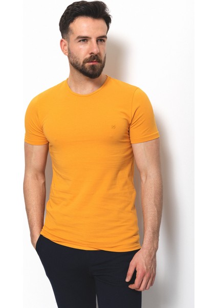 Düz Hardal Rengi Super Slim Fit Bisiklet Yaka Basic Erkek T-Shirt fırsatları
