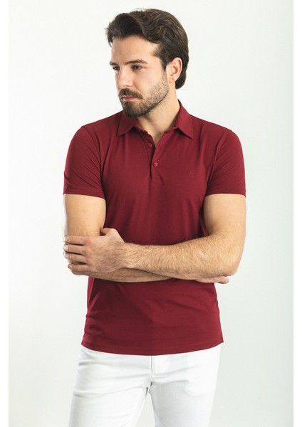 Düz Bordo Rengi Slim Fit Polo Yaka Basic Erkek T-Shirt