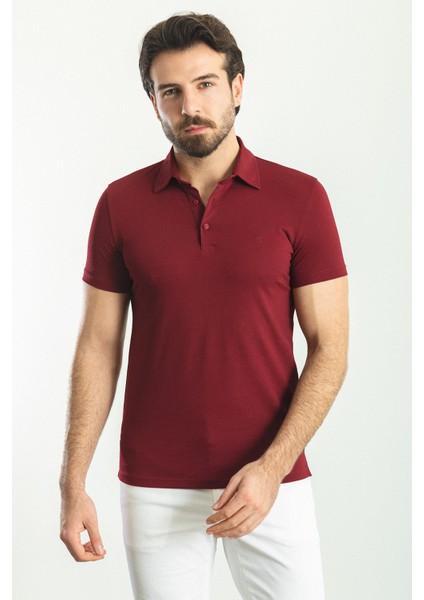 Düz Bordo Rengi Slim Fit Polo Yaka Basic Erkek T-Shirt modelleri