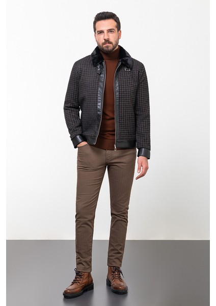 Kazayağı Kahverengi Slim Fit Kürklü Yaka Yün Erkek Mont