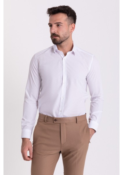Düz Beyaz Renk Slim Fit Gizli Düğmeli Klasik Erkek Gömlek