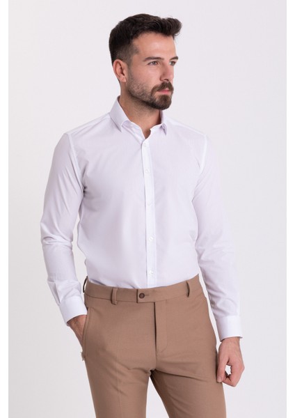 Düz Beyaz Renk Slim Fit Gizli Düğmeli Klasik Erkek Gömlek modelleri