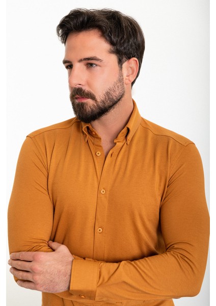 Düz Kamel Slim Fit Erkek Gömlek modelleri