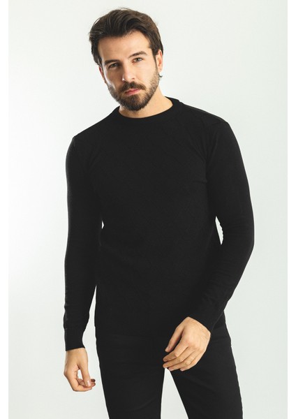 Desenli Siyah Renk Slim Fit Bisiklet Yaka Yün Erkek Kazak