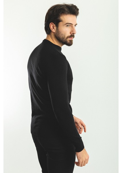 Desenli Siyah Renk Slim Fit Bisiklet Yaka Yün Erkek Kazak