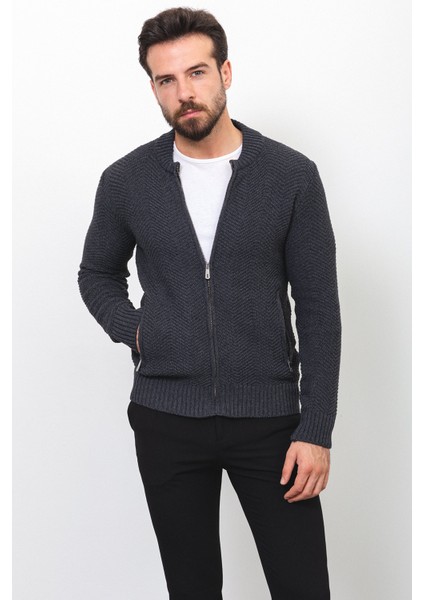 Desenli Antrasit Renk Slim Fit Hakim Yaka Erkek Hırka