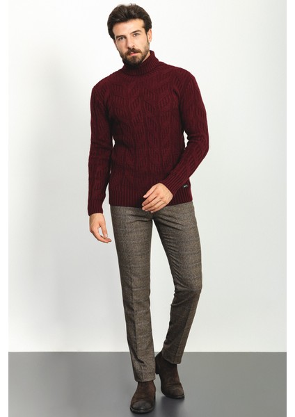 Örgülü Bordo Rengi Slim Fit Tam Balıkçı Yaka Yün Erkek Kazak