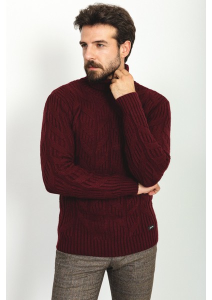 Örgülü Bordo Rengi Slim Fit Tam Balıkçı Yaka Yün Erkek Kazak