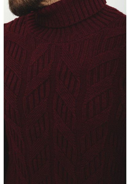 Örgülü Bordo Rengi Slim Fit Tam Balıkçı Yaka Yün Erkek Kazak