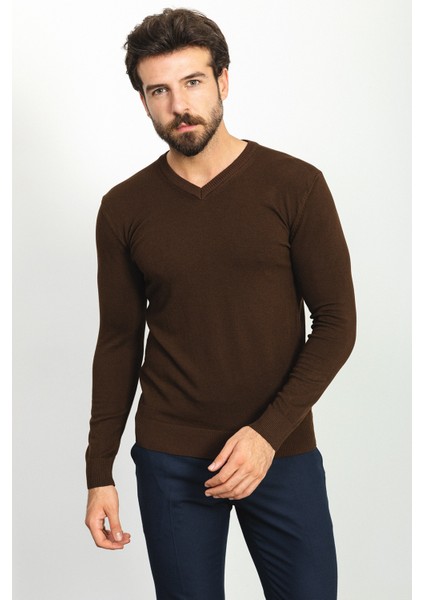 Düz Kahverengi Slim Fit Erkek V Yaka Kazak