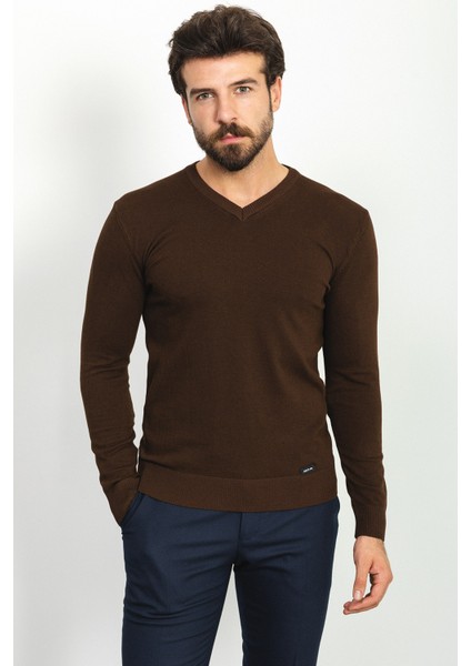 Düz Kahverengi Slim Fit Erkek V Yaka Kazak modelleri