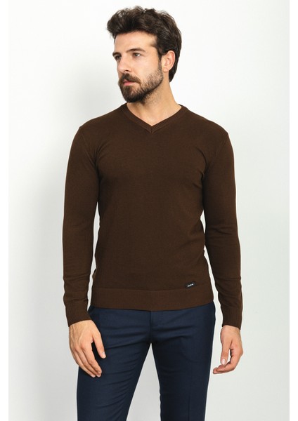 Düz Kahverengi Slim Fit Erkek V Yaka Kazak fırsatları