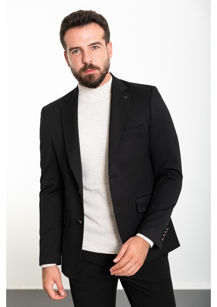 Düz Siyah Slim Fit Mono Yaka Erkek Ceket