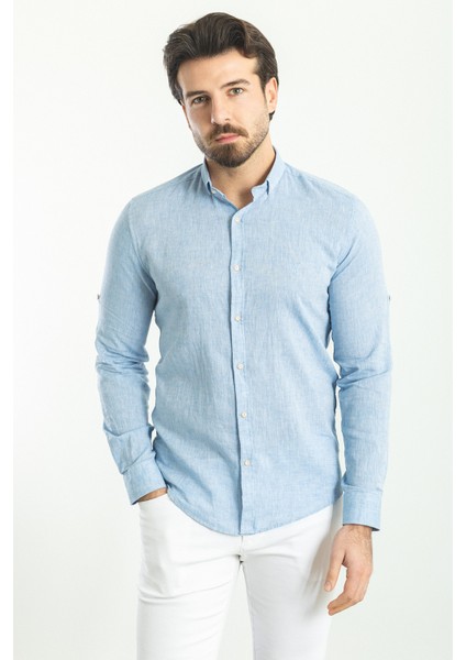 Düz Mavi Renk Slim Fit Basic Keten Erkek Gömlek
