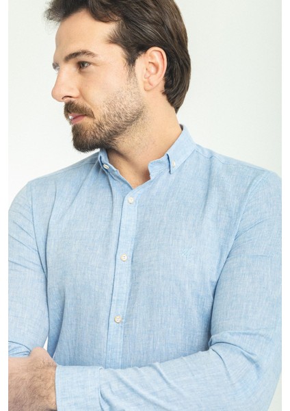 Düz Mavi Renk Slim Fit Basic Keten Erkek Gömlek fiyatları