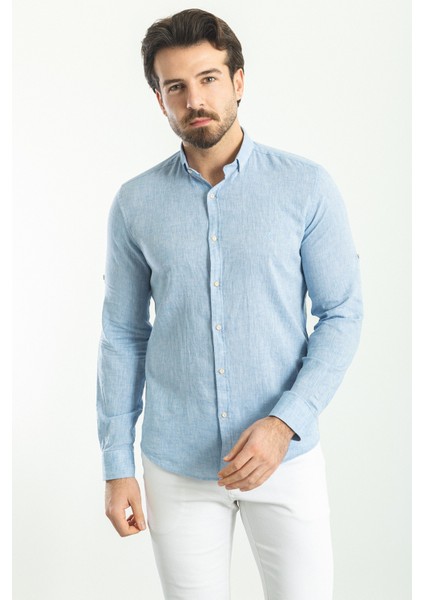 Düz Mavi Renk Slim Fit Basic Keten Erkek Gömlek modelleri