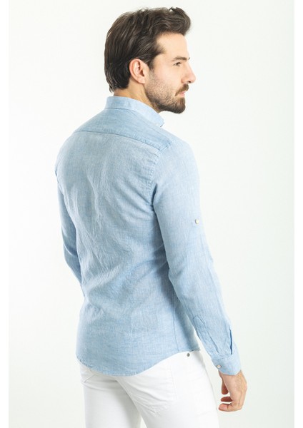 Düz Mavi Renk Slim Fit Basic Keten Erkek Gömlek fırsatları