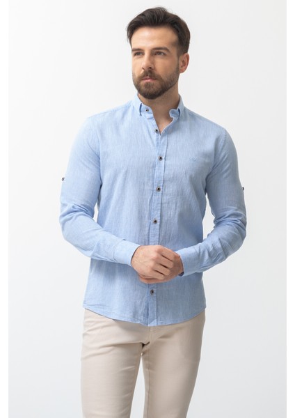 Düz Mavi Renk Slim Fit Basic Keten Erkek Gömlek indirimleri