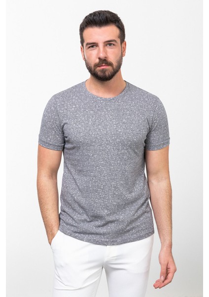 Desenli Lacivert Renk Slim Fit Bisiklet Yaka Erkek T-Shirt