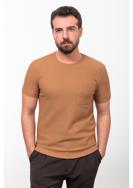 Desenli Kamel Rengi Slim Fit Bisiklet Yaka Basic Erkek T-Shirt