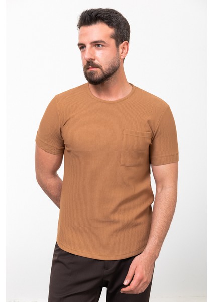 Desenli Kamel Rengi Slim Fit Bisiklet Yaka Basic Erkek T-Shirt